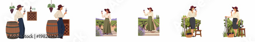 Collection of flat illustrations showing an elegant woman in a hat enjoying wine tasting in a cellar and at a scenic vineyard landscape.