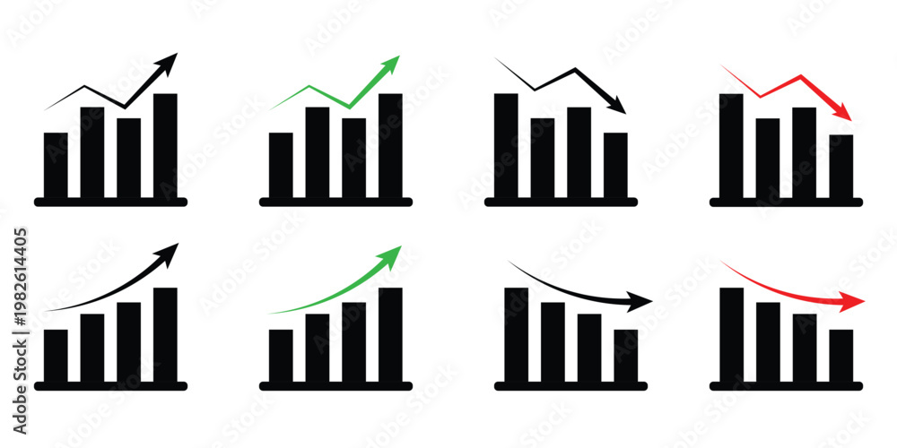 Obraz premium Up and down graph chart vector icon set. growth increase and decrease sign. upward or downward trend bar chart icon. vector illustration