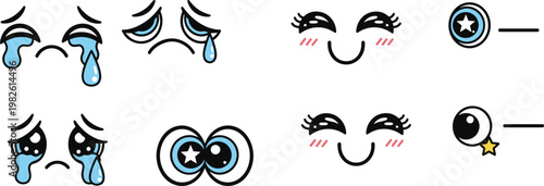 Kawaii Anime Facial Expression Vector Set Featuring Crying Sad Happy And Smiling Eyes With Tears And Blushing Cheeks For Character Design