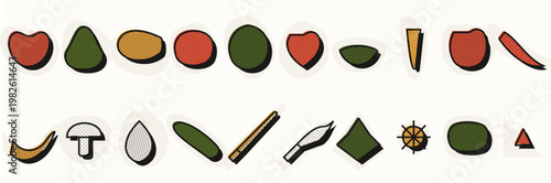 Hand-drawn vintage halftone offset print food collage set featuring organic fruits vegetables and culinary illustration