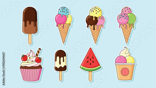 Colorful collection of ice cream, popsicle, and cupcake stickers in various flavors and shapes for summer treats and sweet shop themes.