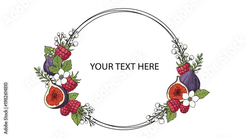 Elegant circular frame decorated with detailed illustrations of purple figs, red raspberries, and white flowers for gourmet food design.