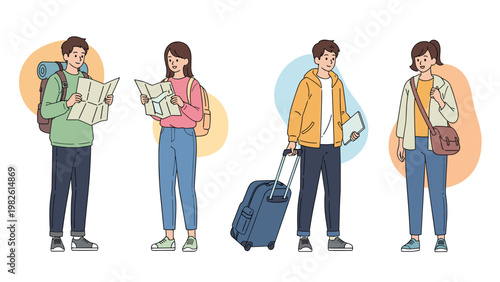 Set of young travelers and tourists carrying backpacks and suitcases while checking maps for city exploration and vacation trip planning.