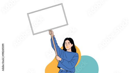 Young woman stands holding up a blank rectangular sign or placard while protesting or making an announcement in a colorful scene.