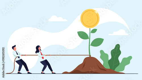 Business team success concept showing people pulling a rope to grow a large plant with a shining golden dollar coin flower in the garden.