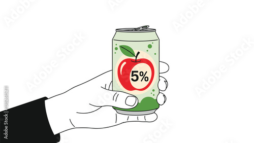 Close-up of a hand holding a green apple cider can with a five percent alcohol label provides a refreshing look at casual social beverages.