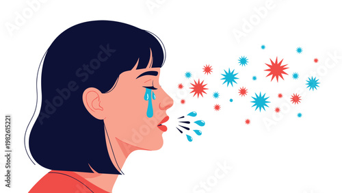Side profile of a woman suffering from allergy symptoms like sneezing and watery eyes while surrounded by colorful viral or bacterial icons.