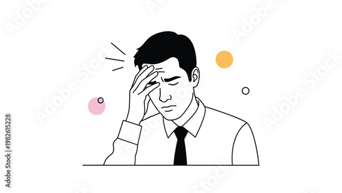 Stressed businessman in a white shirt and tie closes his eyes and holds his head while suffering from a painful headache or high pressure.