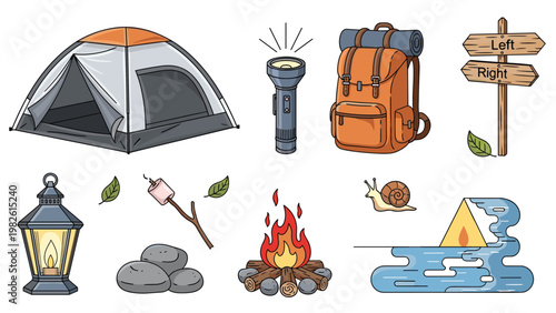 Camping gear set featuring a modern tent flashlight backpack wooden signpost lantern marshmallow campfire and decorative outdoor icons.