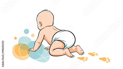 Adorable baby wearing a diaper crawls on the floor while leaving small golden footprints behind, symbolizing growth and early development.