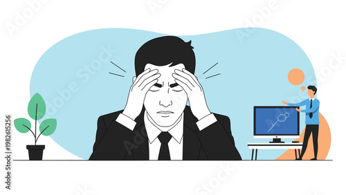 Businessman at his office desk suffers from a severe headache while another person works in the background, illustrating workplace stress.