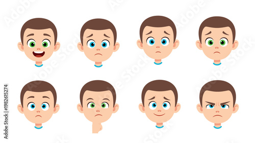 Human emotions and facial expressions set with eight different boy characters showing varied moods like happiness sadness anger and surprise.