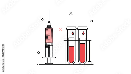 Minimalist medical illustration depicts a syringe and test tubes filled with blood on a laboratory rack for health screening and diagnosis.