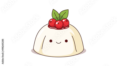 Cute panna cotta dessert with a friendly smiling face and red berries on top is presented in a charming and appetizing cartoon vector style.