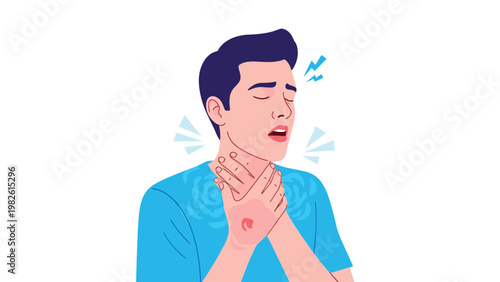 Young man in a blue shirt holds his neck with both hands while suffering from a painful sore throat or difficulty swallowing during illness.
