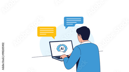 Young man works on a laptop computer while artificial intelligence brain icons appear above him to represent machine learning technology.