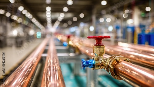 A close-up view showcases a brass valve attached to a network of copper pipes within an industrial setting.