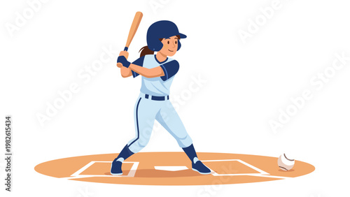 Determined female athlete prepares to hit a ball with a bat during a baseball game in a colorful and active sports illustration style.