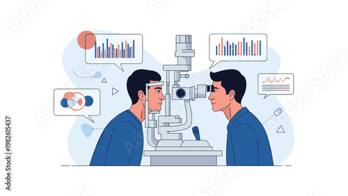 Patient and doctor are shown during a comprehensive eye examination using specialized optical equipment in a clean flat illustration.