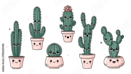 Kawaii cactus plants collection in cute pink pots with different funny facial expressions isolated on white for sticker and emoji designs.