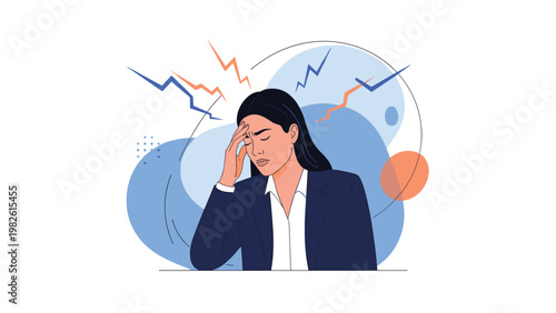 Professional woman in a business suit holds her head in pain to represent a headache or stress in a colorful and modern flat illustration.