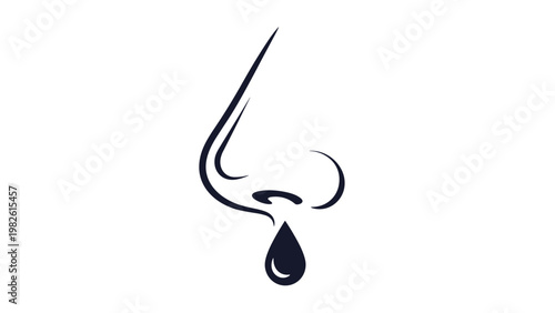 Human nose with a single blue droplet represents common symptoms of a cold or flu like a runny nose in a minimalist graphic icon style.