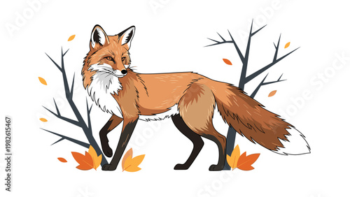 Red fox stands alert among autumn leaves and bare trees in a beautiful and detailed nature illustration perfect for woodland themes.