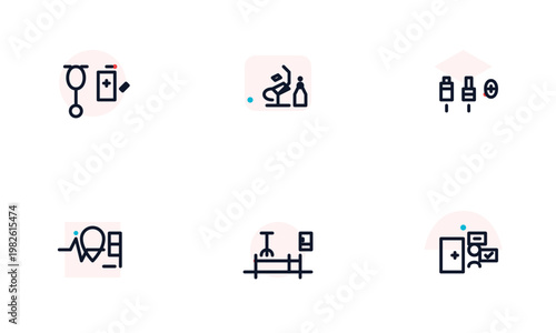 Hand-drawn Collection of minimalist medical icons representing diagnosis treatment and healthcare monitoring. authentic illustration