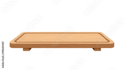 Solid wooden cutting board with a recessed border is shown from a side perspective in a realistic illustration style for kitchen themes.