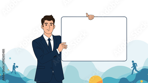 Professional man in a dark suit stands beside a large blank white sign for custom advertising and marketing messages in flat art style.