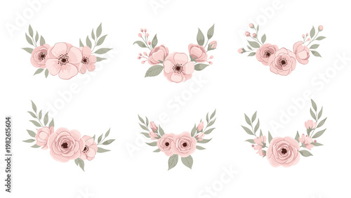 Pink rose bouquets and romantic floral arrangements set with delicate blossoms and green leaves for wedding invitations and greeting cards.