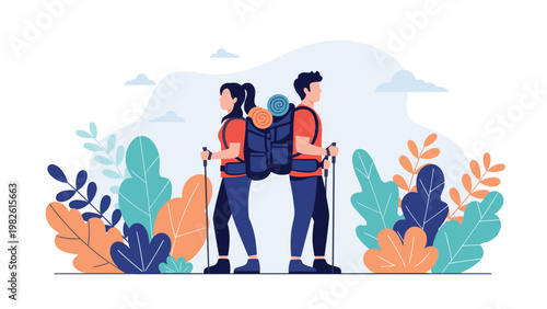 Hiking couple standing back to back with large backpacks and trekking poles in a colorful autumn forest landscape illustration with leaves.