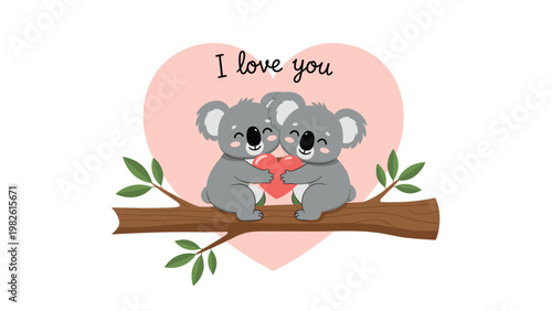 Two cute koalas sitting on a tree branch holding a small red heart with i love you text for a romantic anniversary or valentines card.
