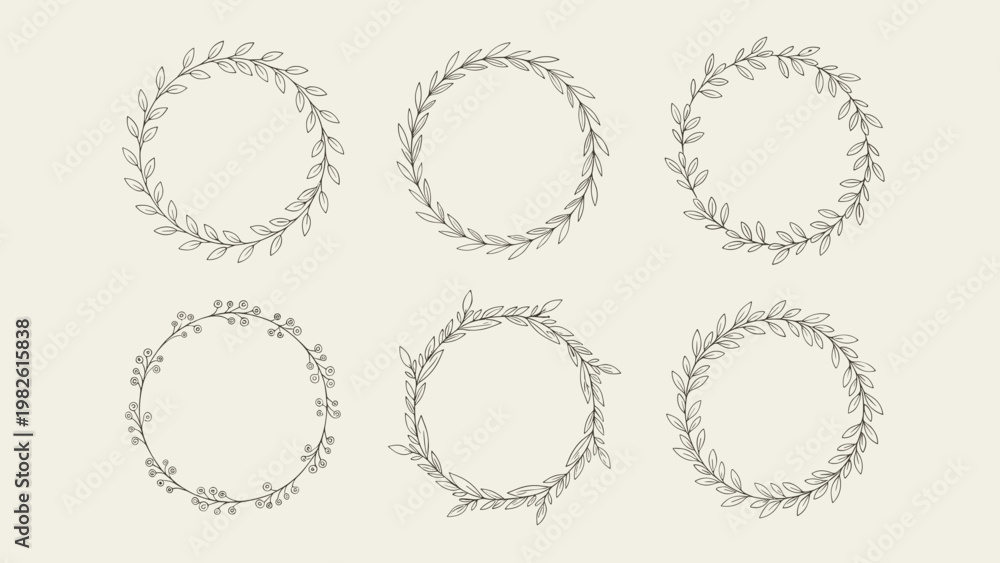 Obraz premium Leafy wreaths collection with six different circular frames made of delicate thin branches and foliage for wedding stationery and logo design.