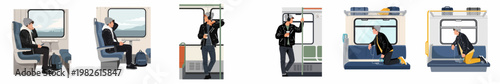 Set of flat illustrations featuring a young man commuting on a train, depicting various poses like sitting, standing, and looking out the window.