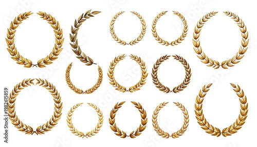 A collection of gold laurel wreath frames on a white background