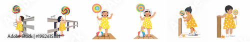Set of six vector illustrations of a little girl in a yellow dress enjoying summer at the beach with a giant colorful lollipop.