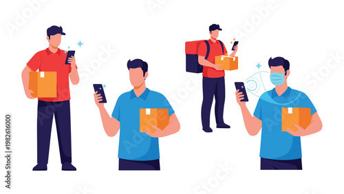 Delivery service workers using mobile apps and holding packages in red and blue uniforms for online shopping and fast shipping concepts.
