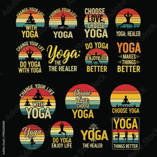 Vintage yoga graphic collection retro sunset designs for wellness and fitness enthusiasts