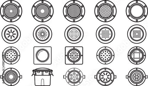 An array of modern manhole covers, arranged in a grid-like fashion, showcasing their unique design.