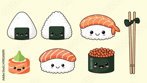 Kawaii sushi and onigiri collection with cute smiling faces and wooden chopsticks for japanese food restaurant menus and sticker designs.