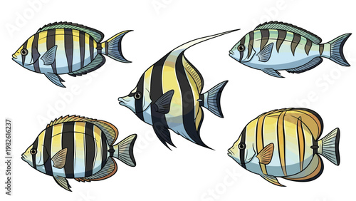 Tropical reef fish collection featuring various striped species like angelfish and butterflyfish in vibrant yellow blue and black colors.