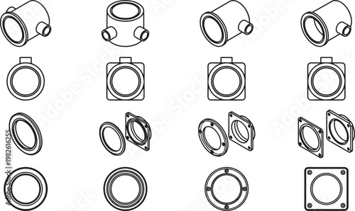 Detailed illustrations of industrial parts, showcasing precision engineering and the intricacies of components in a crisp, technical presentation. 
