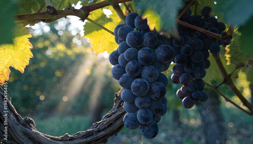 Fototapeta premium Purple grapes hanging from vine with sunlight filtering through leaves