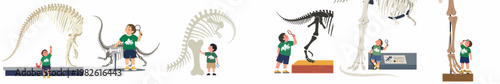 Set of illustrations showing a curious young boy exploring dinosaur skeletons and fossils at a natural history museum with a magnifying glass.