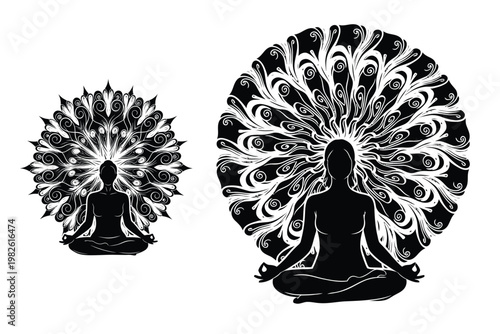 Meditative figures in abstract radiance a black and white illustration of inner peace and spiritual awakening