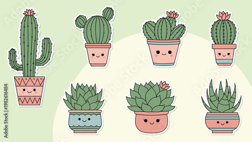 Set of adorable cactus and succulent plant stickers in decorative pots with cute smiling faces, perfect for stationery and nursery decor.