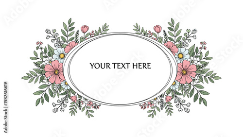 Elegant oval frame adorned with a variety of colorful hand-drawn flowers and green leaves, perfect for wedding invitations and labels.