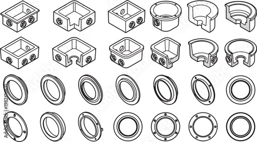 Electrical conduit boxes and trim rings rendered in a meticulous monochrome line-art, showcasing a variety of geometric shapes and industrial design elements.