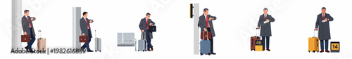 Flat vector illustration of a businessman in various travel poses, checking his watch and holding luggage at an airport terminal on white background.